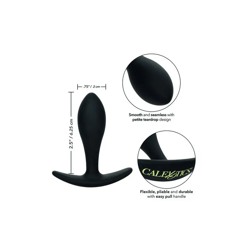 CalExotics Boundless Slim Plug : plug anal en silicone flexible, forme effilée pour débutants, poignée de retrait facile.