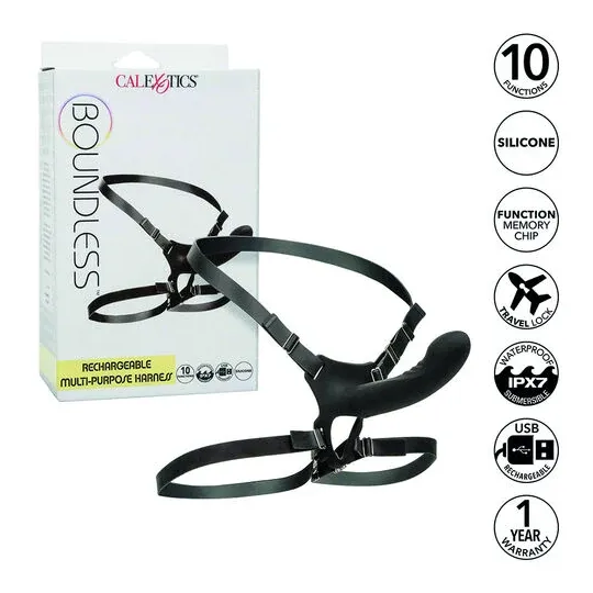 Rechargeable multi-purpose harness CalExotics Boundless black with 10 vibration modes and adjustable straps