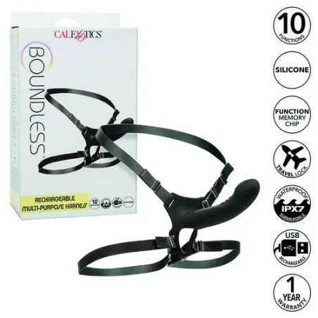 Harnais multi-usages rechargeable CalExotics Boundless noir avec sonde vibrante 10 modes et sangles réglables