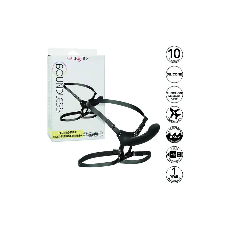 Wiederaufladbarer Mehrzweck-Harnisch CalExotics Boundless schwarz mit 10 Vibrationsmodi und verstellbaren Gurten