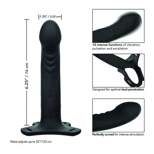 Wiederaufladbarer Mehrzweck-Harnisch CalExotics Boundless schwarz mit 10 Vibrationsmodi und verstellbaren Gurten