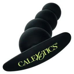 Bouchon de perles graduées CalExotics en silicone noir sur fond blanc, plug anal progressif