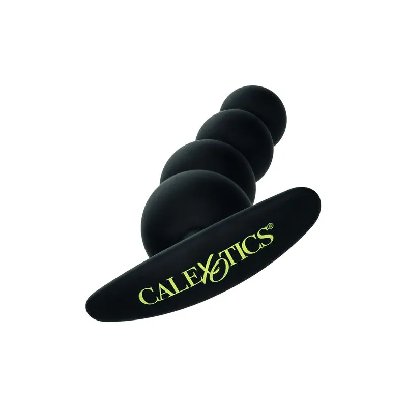 Bouchon de perles graduées CalExotics en silicone noir sur fond blanc, plug anal progressif