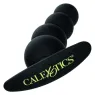 Bouchon de perles graduées CalExotics en silicone noir sur fond blanc, plug anal progressif