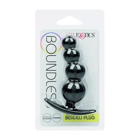 Bouchon de perles graduées CalExotics en silicone noir sur fond blanc, plug anal progressif
