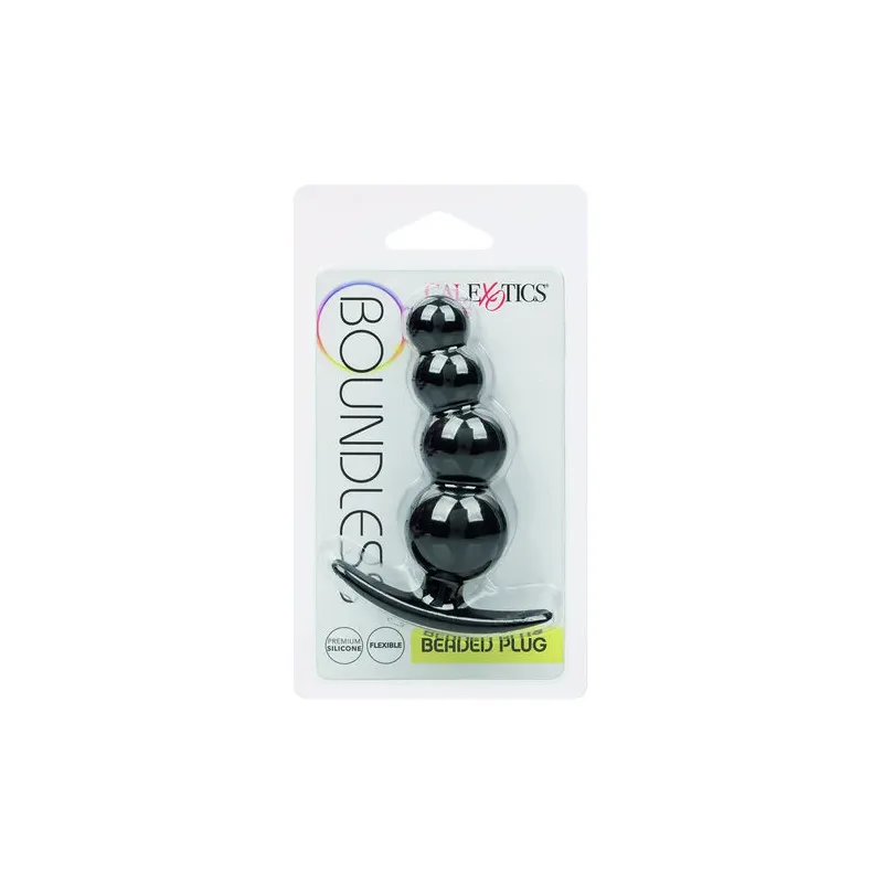 Bouchon de perles graduées CalExotics en silicone noir sur fond blanc, plug anal progressif