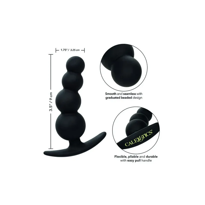 Bouchon de perles graduées CalExotics en silicone noir sur fond blanc, plug anal progressif