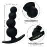 Bouchon de perles graduées CalExotics en silicone noir sur fond blanc, plug anal progressif