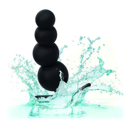Bouchon de perles graduées CalExotics en silicone noir sur fond blanc, plug anal progressif