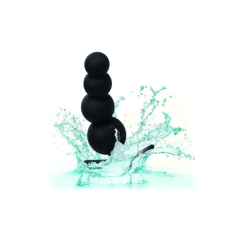 Bouchon de perles graduées CalExotics en silicone noir sur fond blanc, plug anal progressif