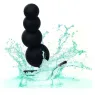 Bouchon de perles graduées CalExotics en silicone noir sur fond blanc, plug anal progressif