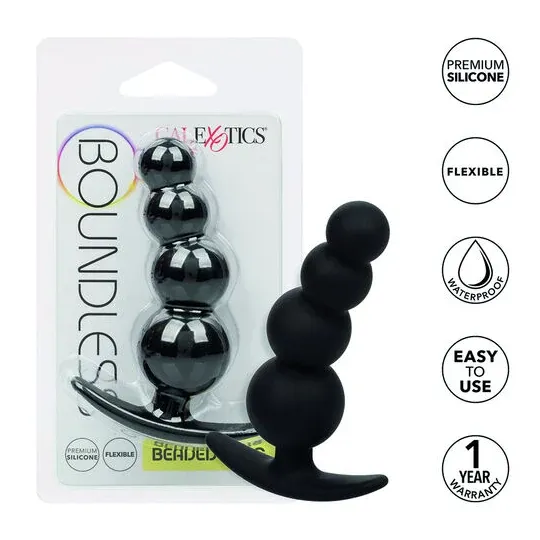 Bouchon de perles graduées CalExotics en silicone noir sur fond blanc, plug anal progressif