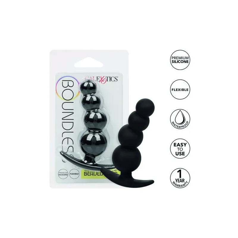 Bouchon de perles graduées CalExotics en silicone noir sur fond blanc, plug anal progressif