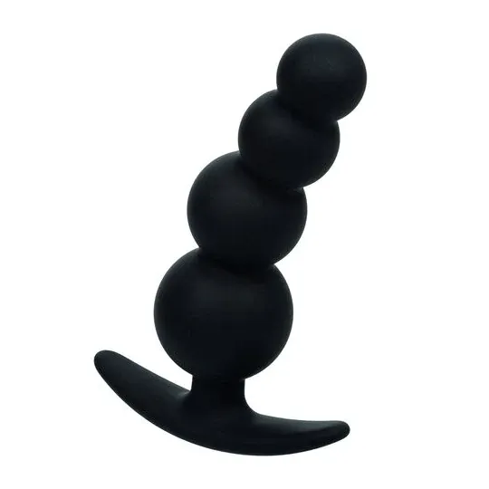 Bouchon de perles graduées CalExotics en silicone noir sur fond blanc, plug anal progressif
