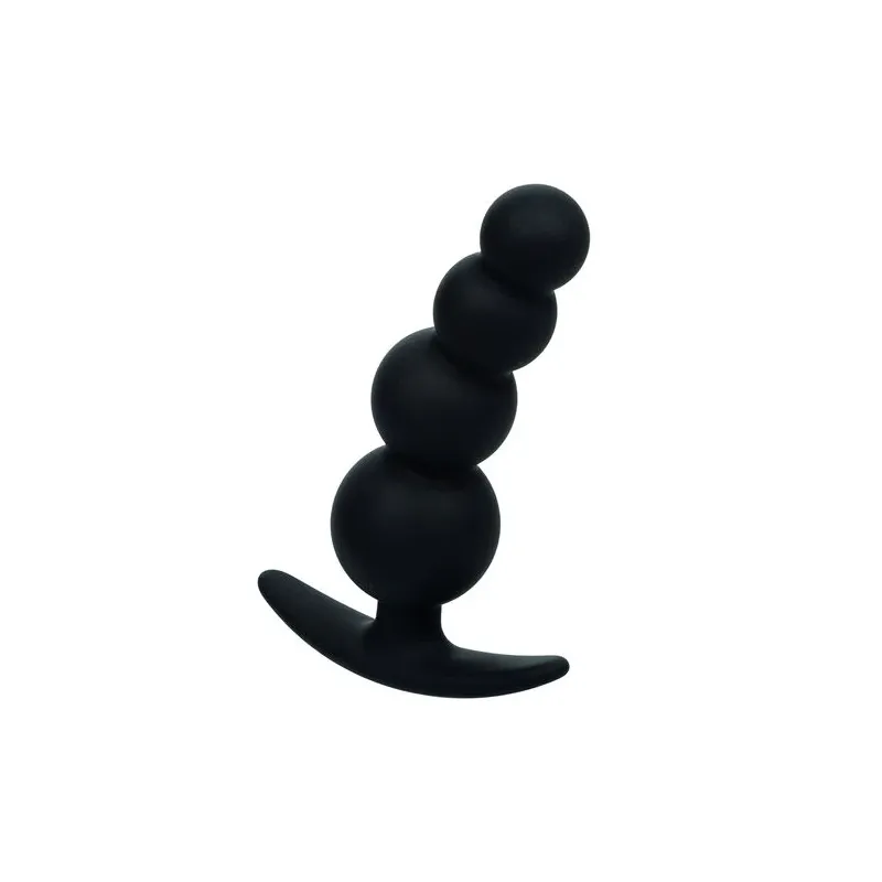 Bouchon de perles graduées CalExotics en silicone noir sur fond blanc, plug anal progressif