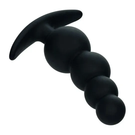 Bouchon de perles graduées CalExotics en silicone noir sur fond blanc, plug anal progressif