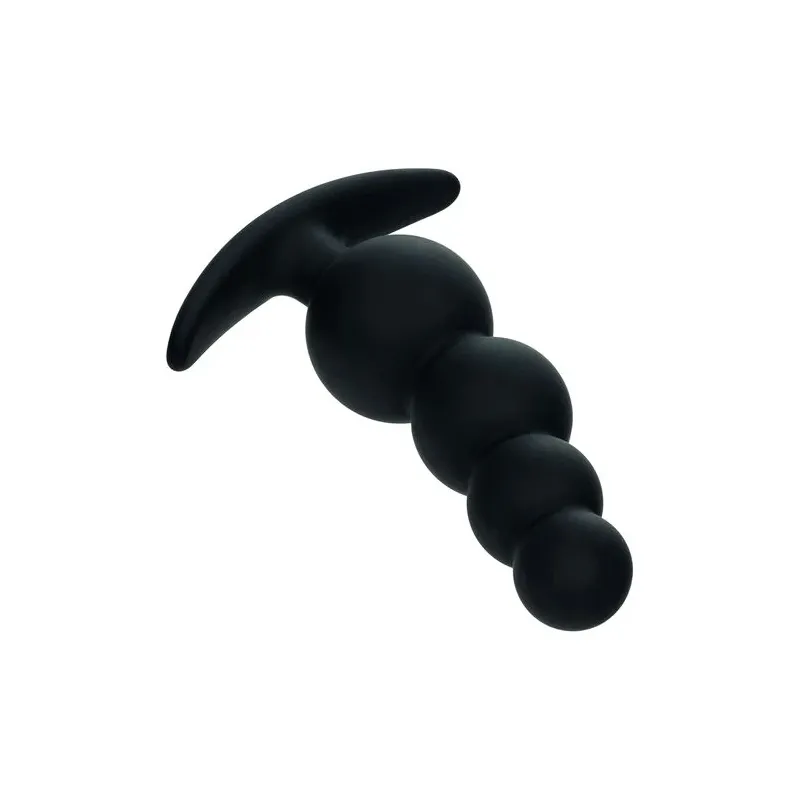 Bouchon de perles graduées CalExotics en silicone noir sur fond blanc, plug anal progressif