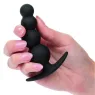 Bouchon de perles graduées CalExotics en silicone noir sur fond blanc, plug anal progressif