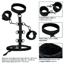 Collier de retenue en cuir végétalien noir CalExotics avec poignets rembourrés réglables pour BDSM