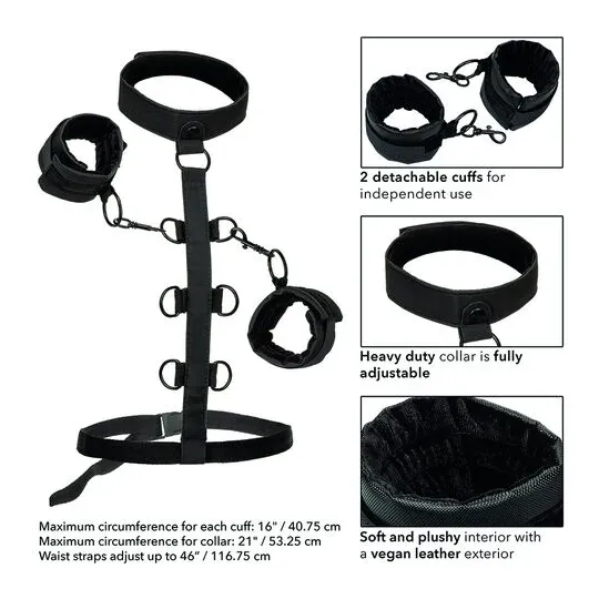 Collier de retenue en cuir végétalien noir CalExotics avec poignets rembourrés réglables pour BDSM