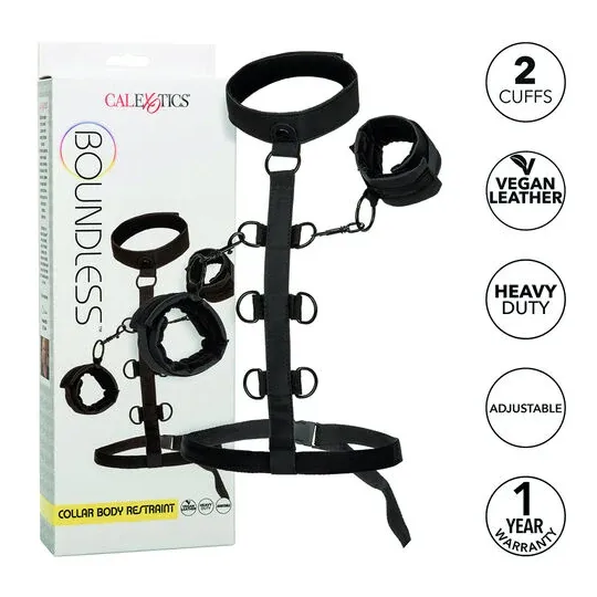 Collier de retenue en cuir végétalien noir CalExotics avec poignets rembourrés réglables pour BDSM