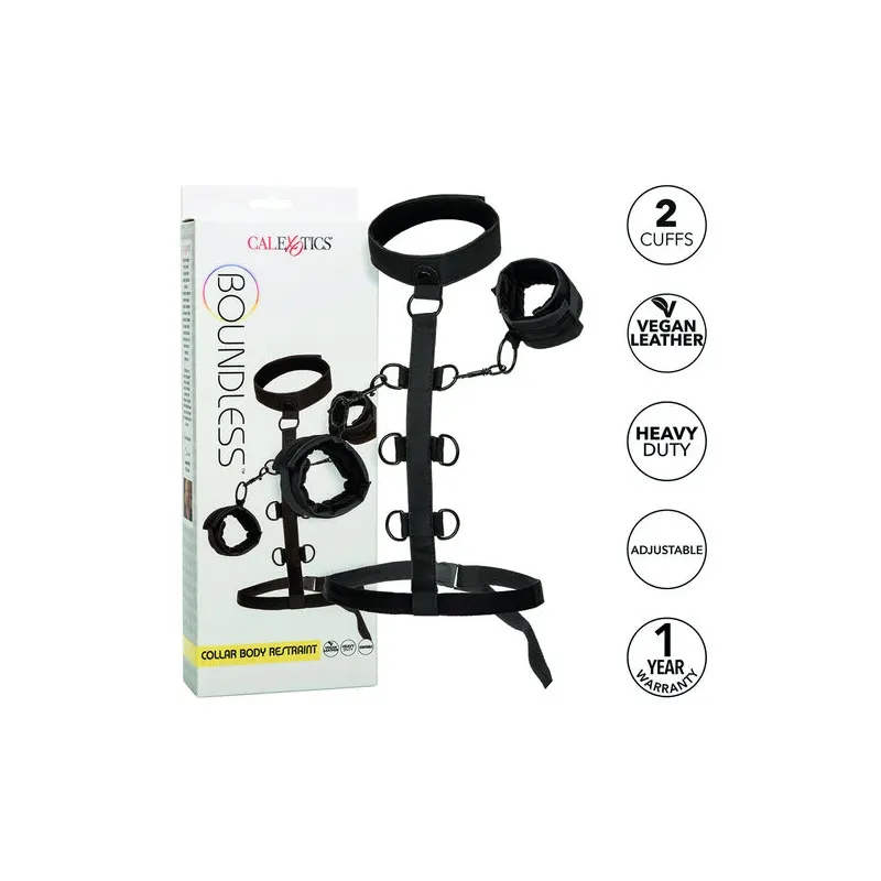 Collier de retenue en cuir végétalien noir CalExotics avec poignets rembourrés réglables pour BDSM