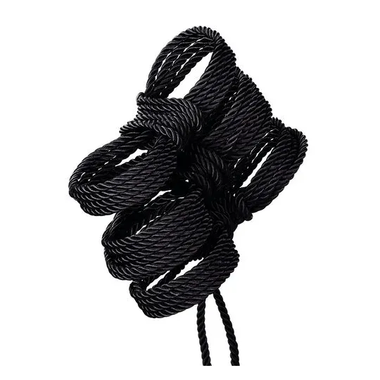 Corde bondage noire CalExotics de 10 mètres, en coton et polyester, avec capuchons métalliques pour jeux BDSM.