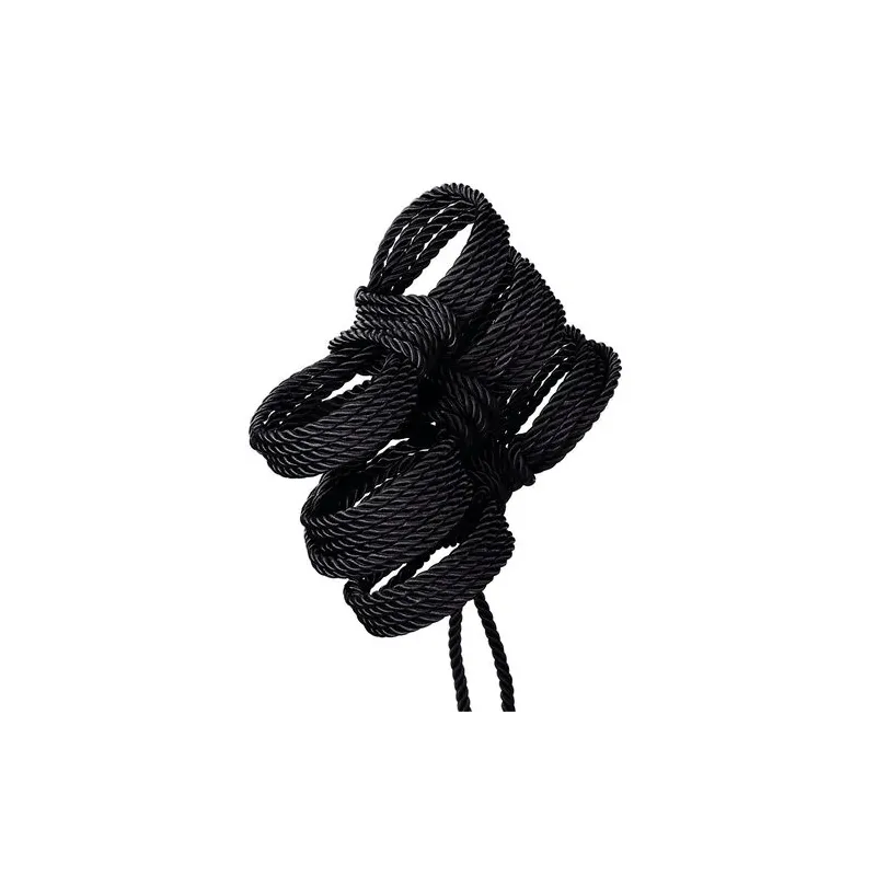 Corde bondage noire CalExotics de 10 mètres, en coton et polyester, avec capuchons métalliques pour jeux BDSM.