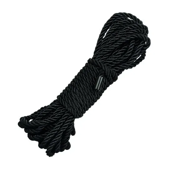 Corde bondage noire CalExotics de 10 mètres, en coton et polyester, avec capuchons métalliques pour jeux BDSM.