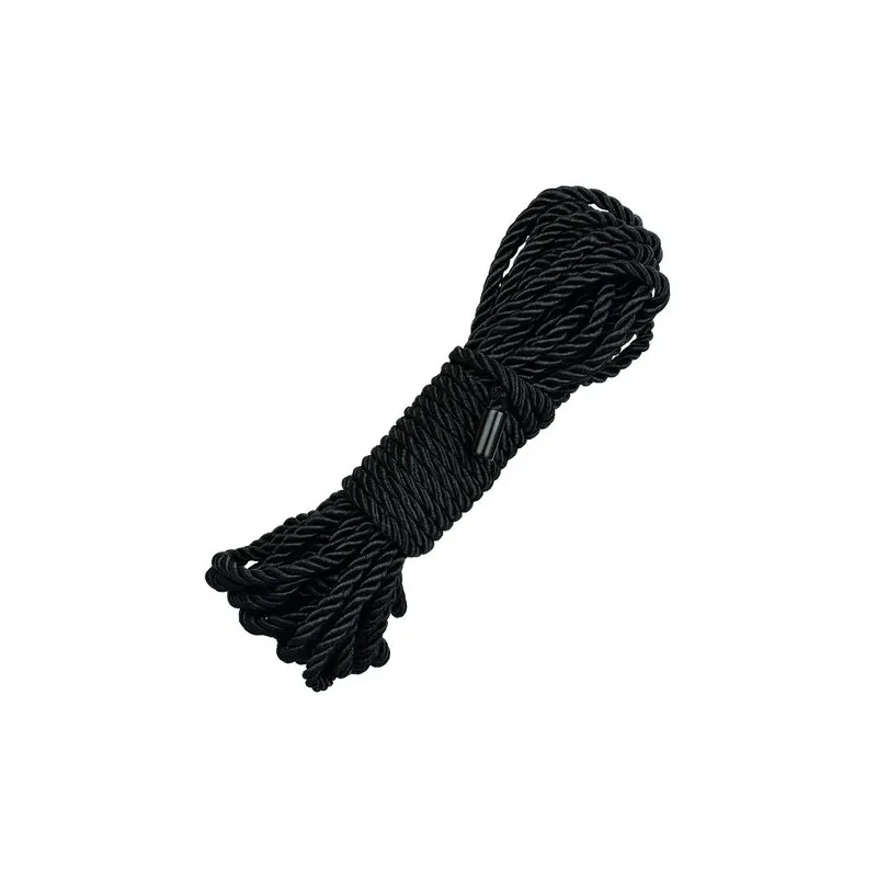 Corde bondage noire CalExotics de 10 mètres, en coton et polyester, avec capuchons métalliques pour jeux BDSM.