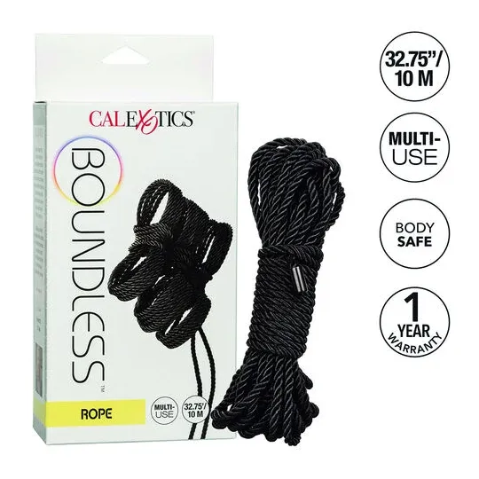 Corde bondage noire CalExotics de 10 mètres, en coton et polyester, avec capuchons métalliques pour jeux BDSM.