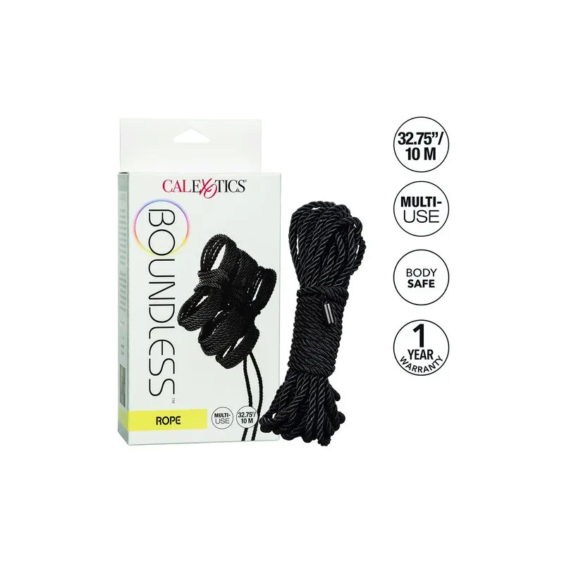Corde bondage noire CalExotics de 10 mètres, en coton et polyester, avec capuchons métalliques pour jeux BDSM.