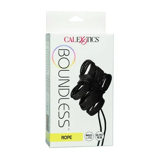 Corde bondage noire CalExotics de 10 mètres, en coton et polyester, avec capuchons métalliques pour jeux BDSM.