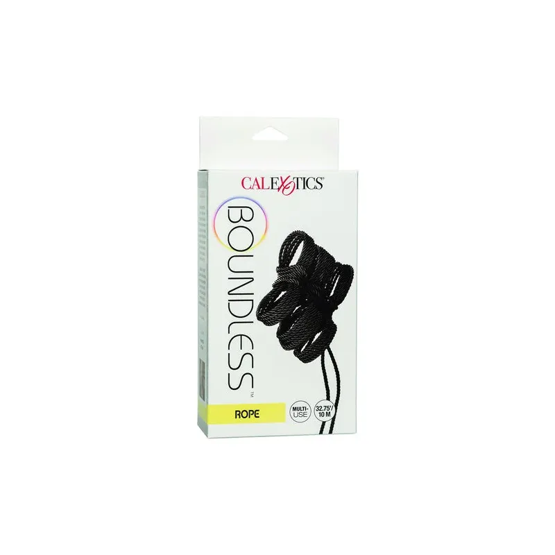 Corde bondage noire CalExotics de 10 mètres, en coton et polyester, avec capuchons métalliques pour jeux BDSM.