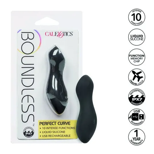 Masseur vibrant CalExotics Boundless Perfect Curve en silicone violet, forme conique incurvée, 10 fonctions, rechargeable USB