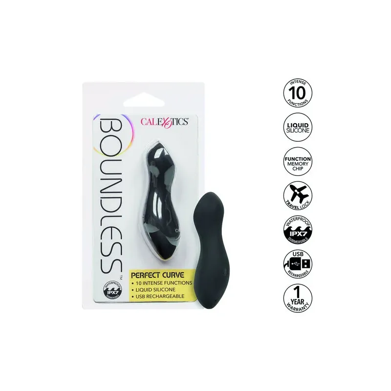 Masseur vibrant CalExotics Boundless Perfect Curve en silicone violet, forme conique incurvée, 10 fonctions, rechargeable USB