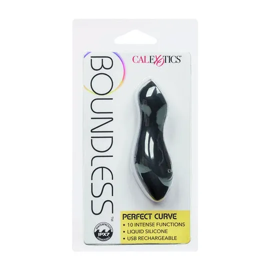 Masseur vibrant CalExotics Boundless Perfect Curve en silicone violet, forme conique incurvée, 10 fonctions, rechargeable USB