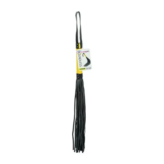 Flogger CalExotics en cuir végétalien noir avec poignée texturée et glands, accessoire BDSM pour caresses sensuelles.