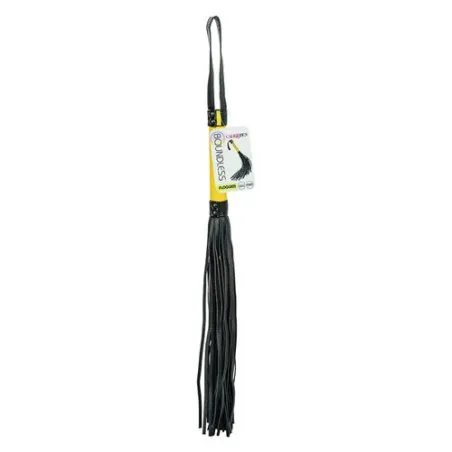 Flogger CalExotics en cuir végétalien noir avec poignée texturée et glands, accessoire BDSM pour caresses sensuelles.