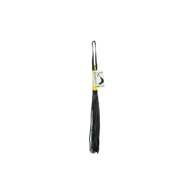 Flogger CalExotics en cuir végétalien noir avec poignée texturée et glands, accessoire BDSM pour caresses sensuelles.
