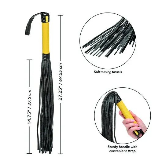 Flogger CalExotics en cuir végétalien noir avec poignée texturée et glands, accessoire BDSM pour caresses sensuelles.