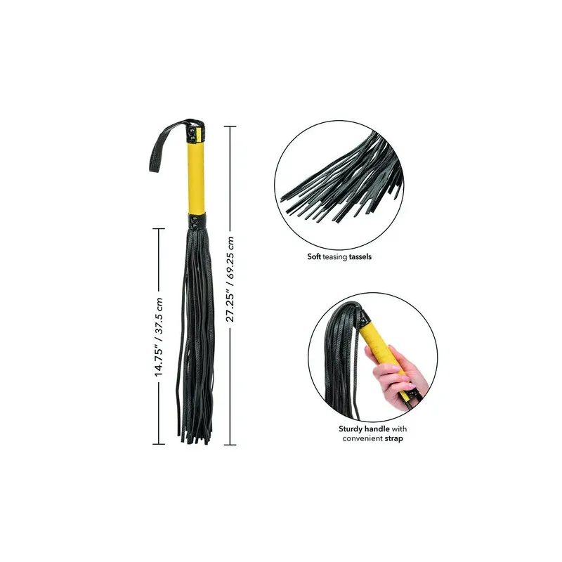 Flogger CalExotics en cuir végétalien noir avec poignée texturée et glands, accessoire BDSM pour caresses sensuelles.