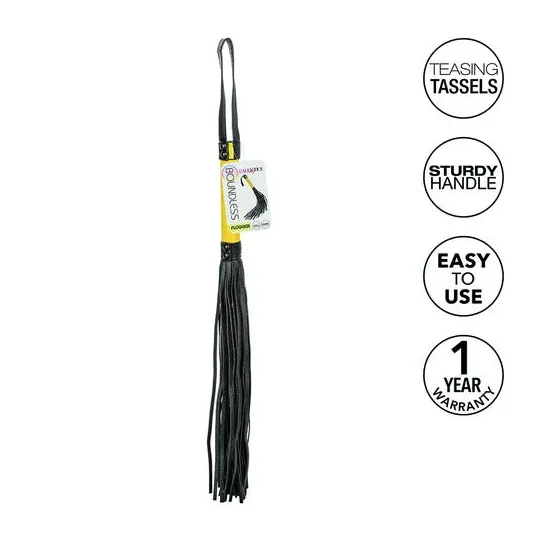 Flogger CalExotics en cuir végétalien noir avec poignée texturée et glands, accessoire BDSM pour caresses sensuelles.