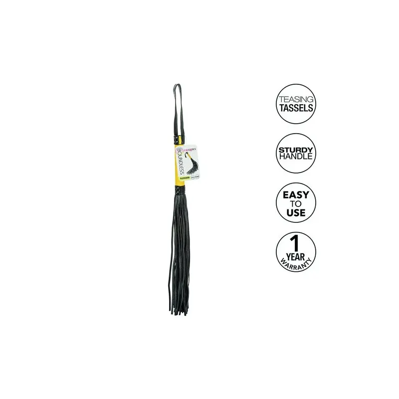 Flogger CalExotics en cuir végétalien noir avec poignée texturée et glands, accessoire BDSM pour caresses sensuelles.