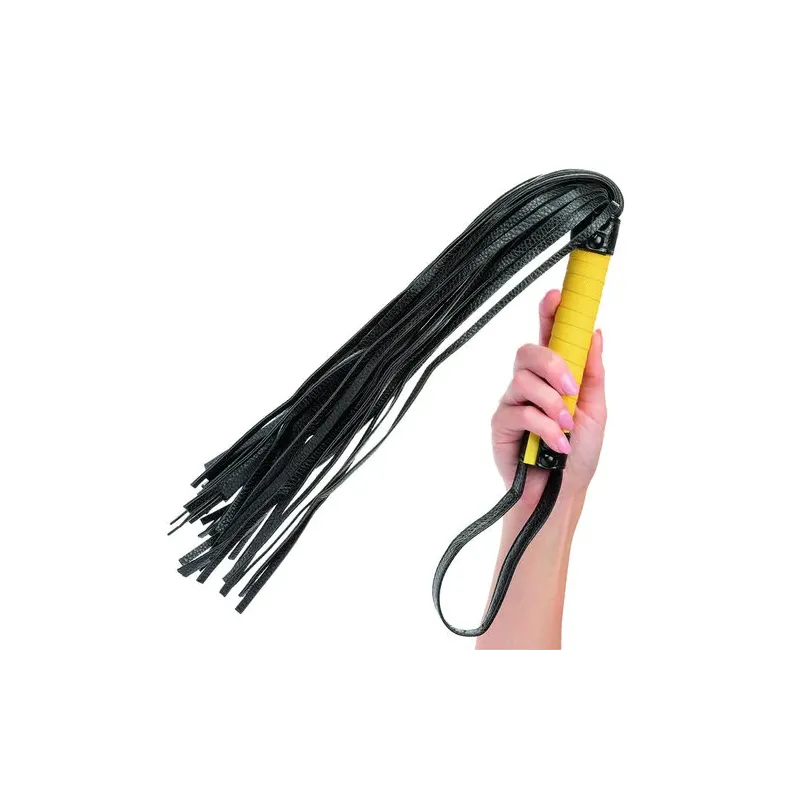 Flogger CalExotics en cuir végétalien noir avec poignée texturée et glands, accessoire BDSM pour caresses sensuelles.