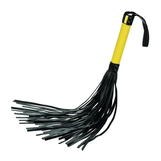 Flogger CalExotics en cuir végétalien noir avec poignée texturée et glands, accessoire BDSM pour caresses sensuelles.