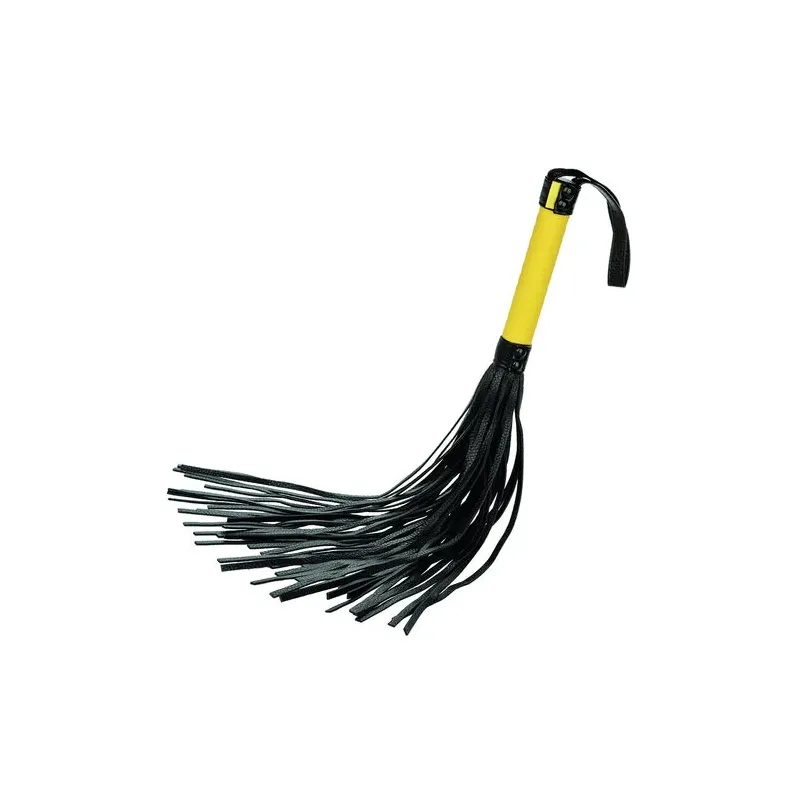 Flogger CalExotics en cuir végétalien noir avec poignée texturée et glands, accessoire BDSM pour caresses sensuelles.