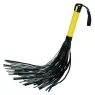 Flogger CalExotics en cuir végétalien noir avec poignée texturée et glands, accessoire BDSM pour caresses sensuelles.