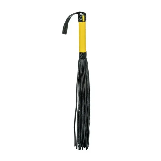 Flogger CalExotics en cuir végétalien noir avec poignée texturée et glands, accessoire BDSM pour caresses sensuelles.