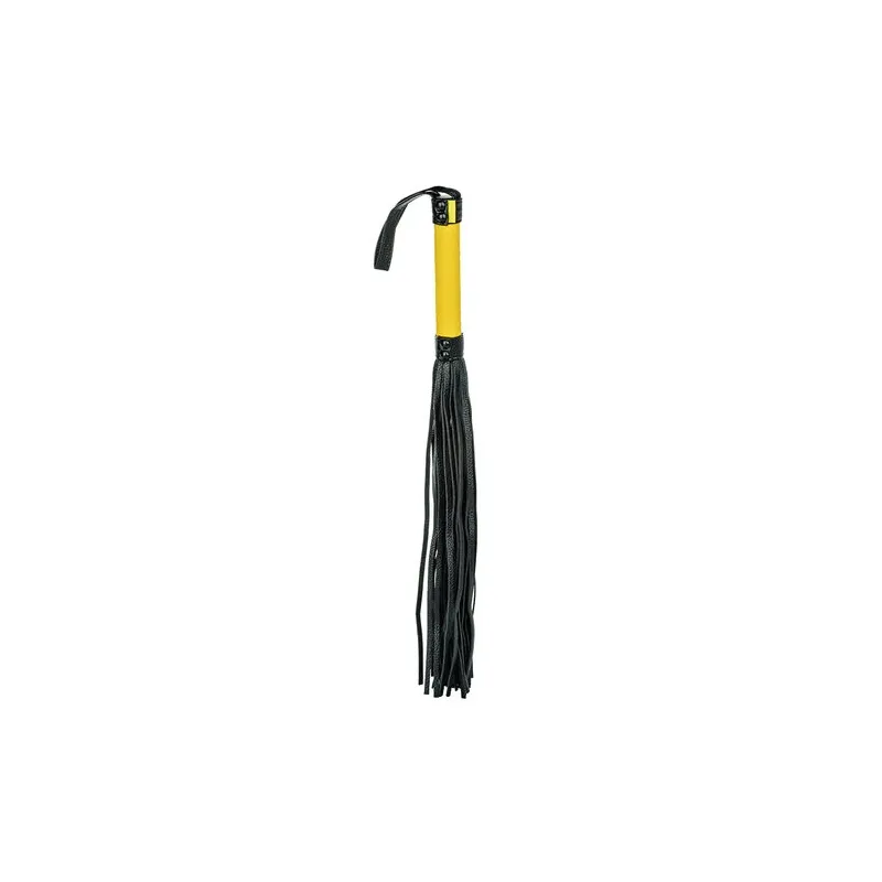 Flogger CalExotics en cuir végétalien noir avec poignée texturée et glands, accessoire BDSM pour caresses sensuelles.